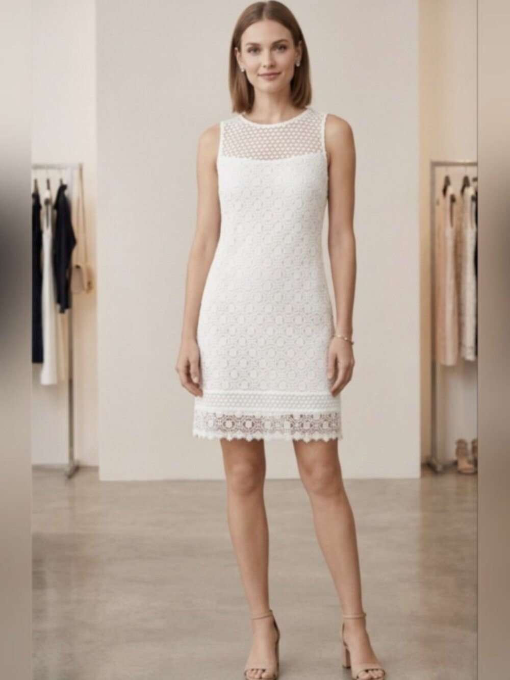 White House Black Market Size 6 Scalloped Crochet Mini Dress Sleeveless Shift